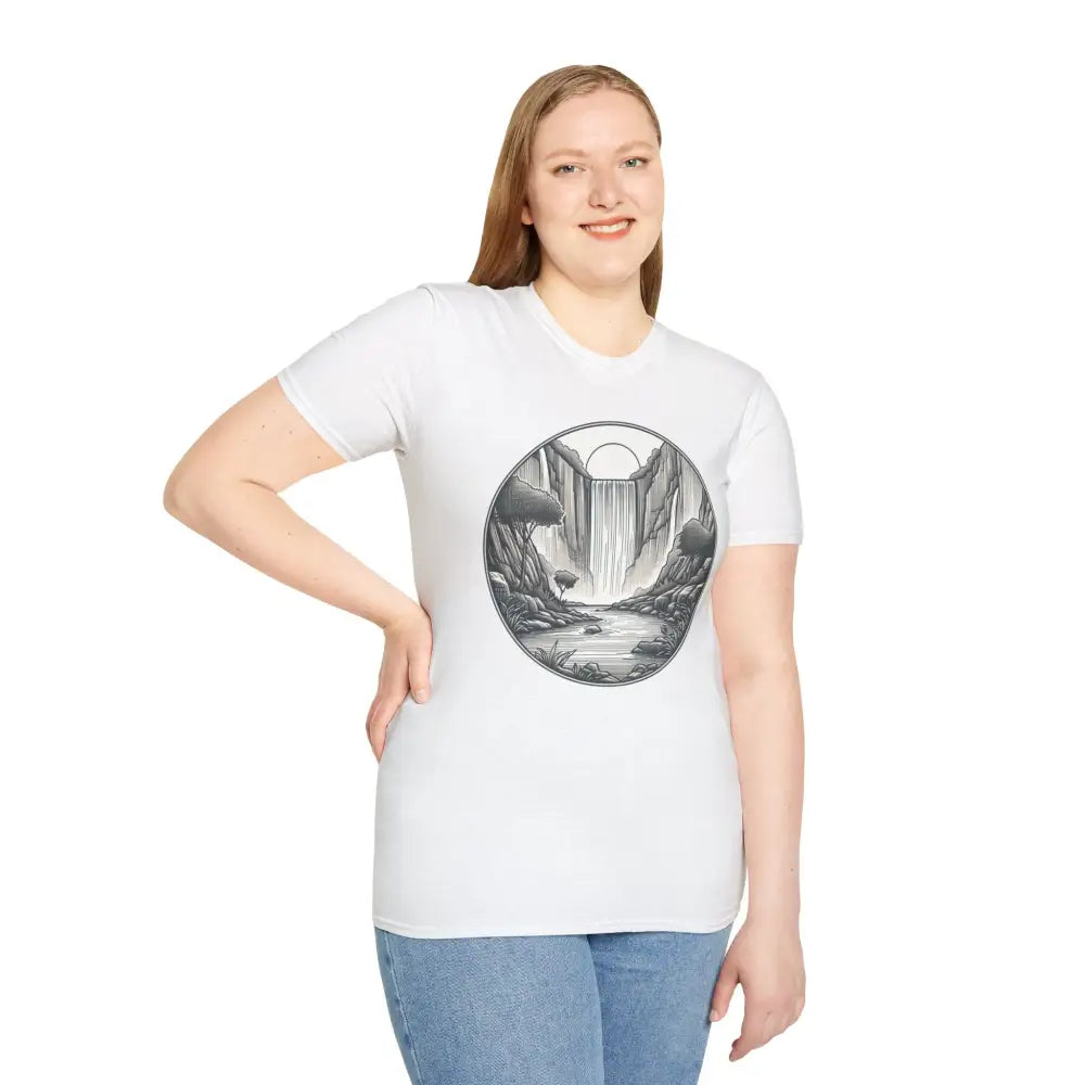 Woman wearing a white unisex softstyle t-shirt with monochrome waterfall design, ethically sourced material