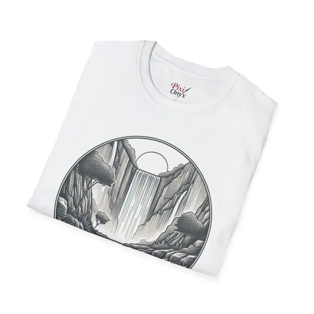 White unisex softstyle t-shirt with circular landscape graphic made from ethically sourced material