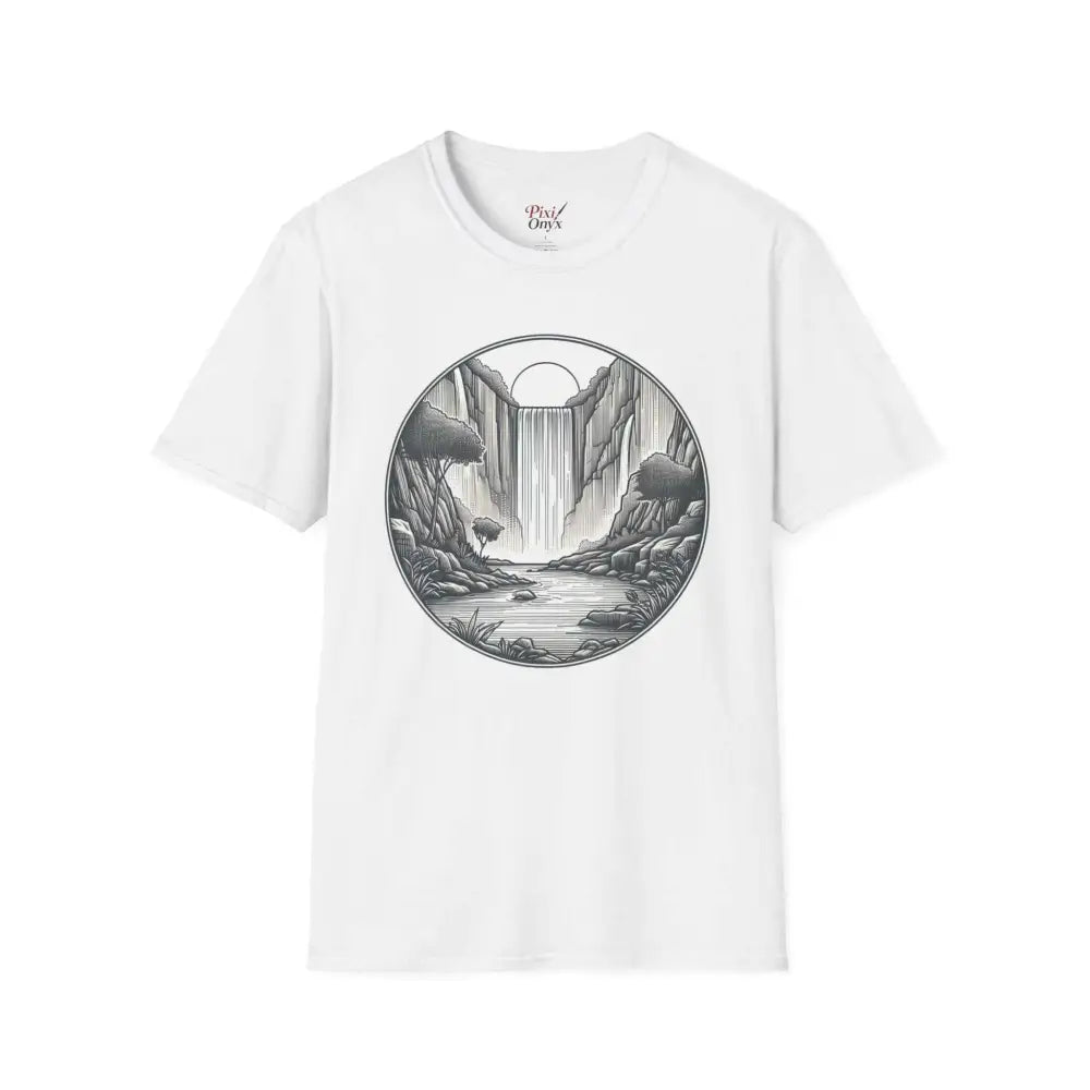 White unisex softstyle t-shirt with waterfall landscape graphic made from ethically sourced material