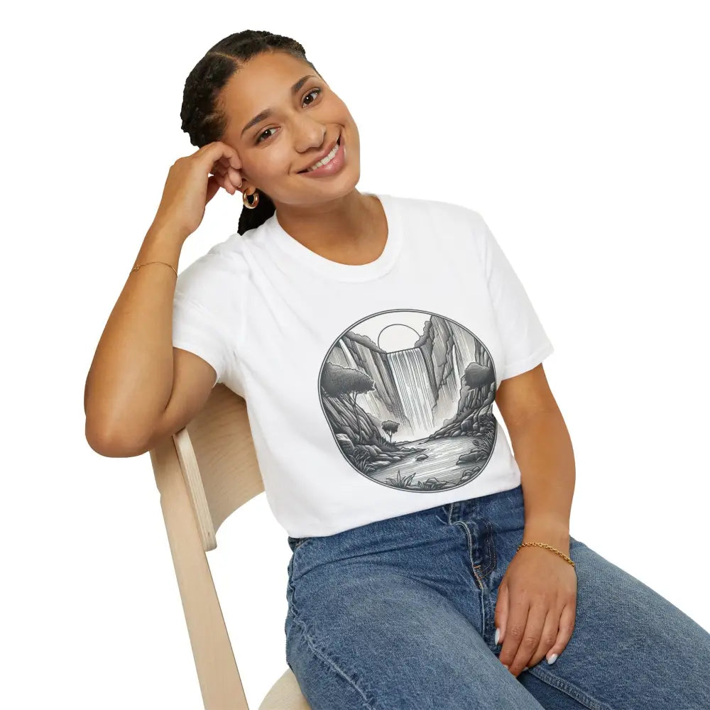 Woman wearing a white unisex softstyle t-shirt with waterfall graphic made from ethically sourced material