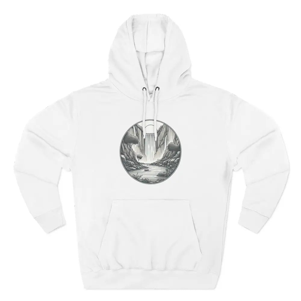 White three-panel fleece hoodie with waterfall river graphic and spacious kangaroo pouch