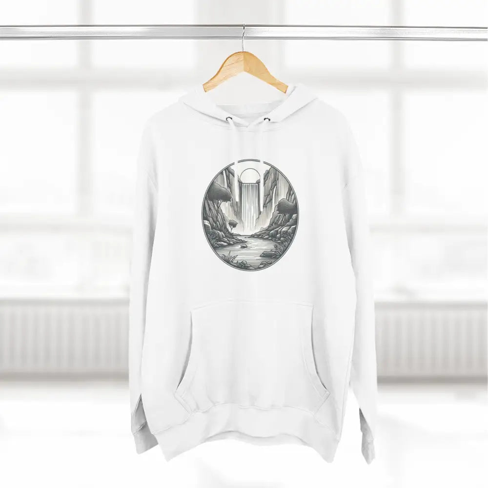 White hooded three-panel fleece hoodie with nature-themed graphic print and spacious kangaroo pouch