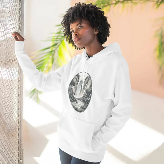 White three-panel fleece hoodie with black and white landscape graphic and spacious kangaroo pouch