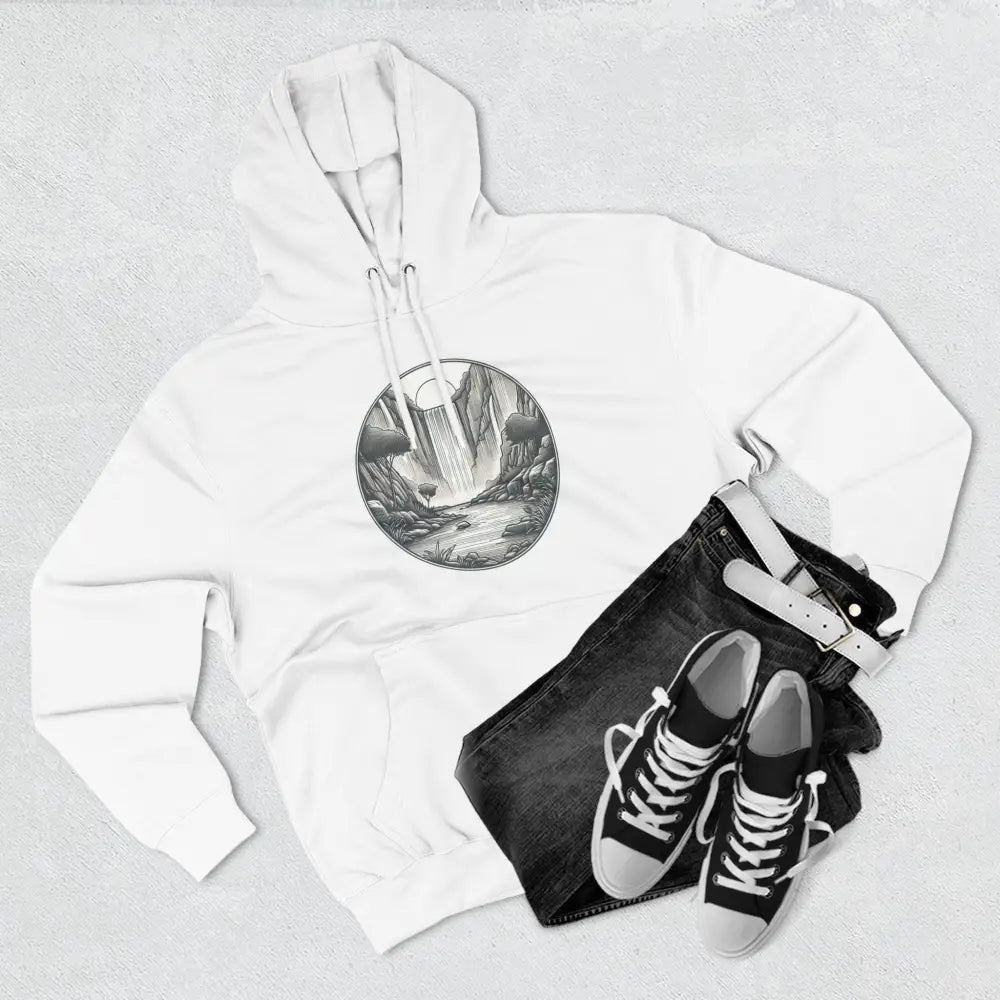 White hooded sweatshirt with nature-scene graphic, three-panel fleece hoodie, soft fabric