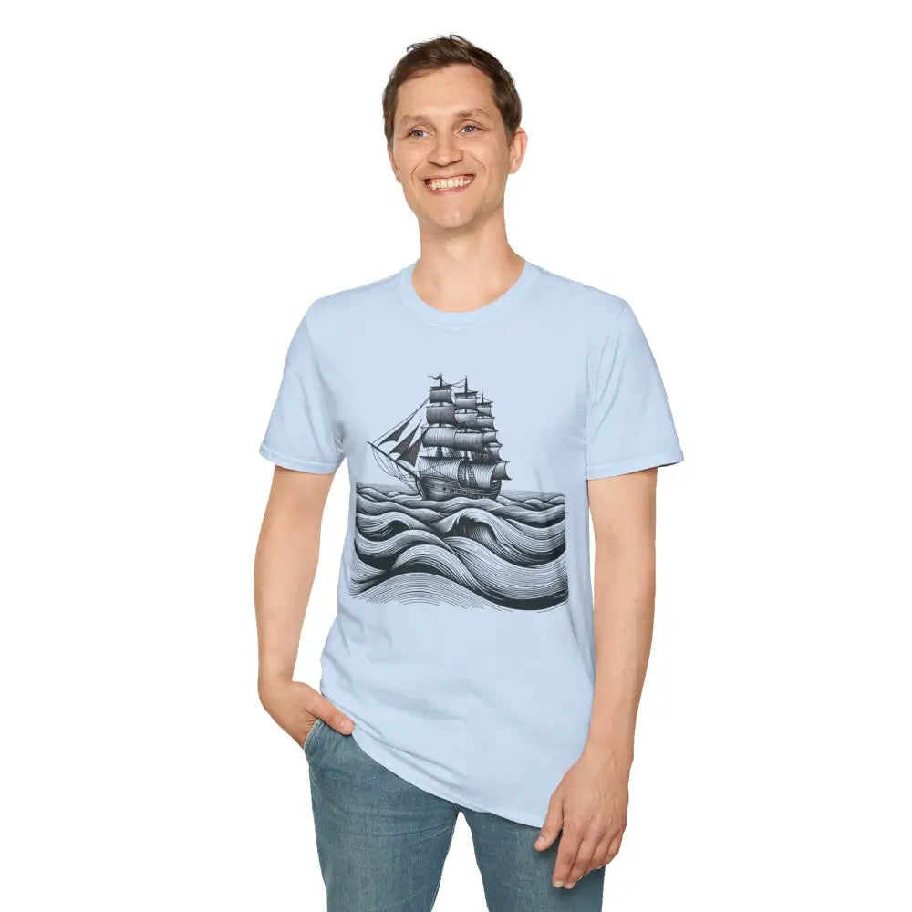 Light blue unisex t-shirt with sailing ship illustration, elastic ribbed collar, reduces fabric waste
