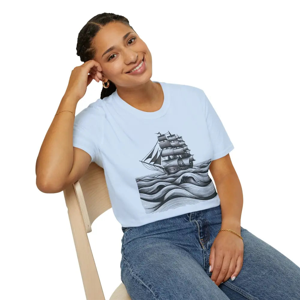 Woman in light blue unisex t-shirt with ship design and elastic ribbed collar