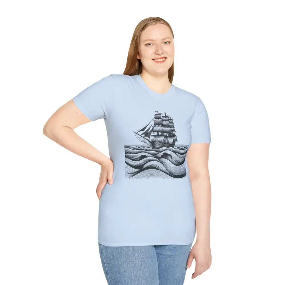 Light blue unisex t-shirt with ship and waves graphic, elastic ribbed collar, reduces fabric waste