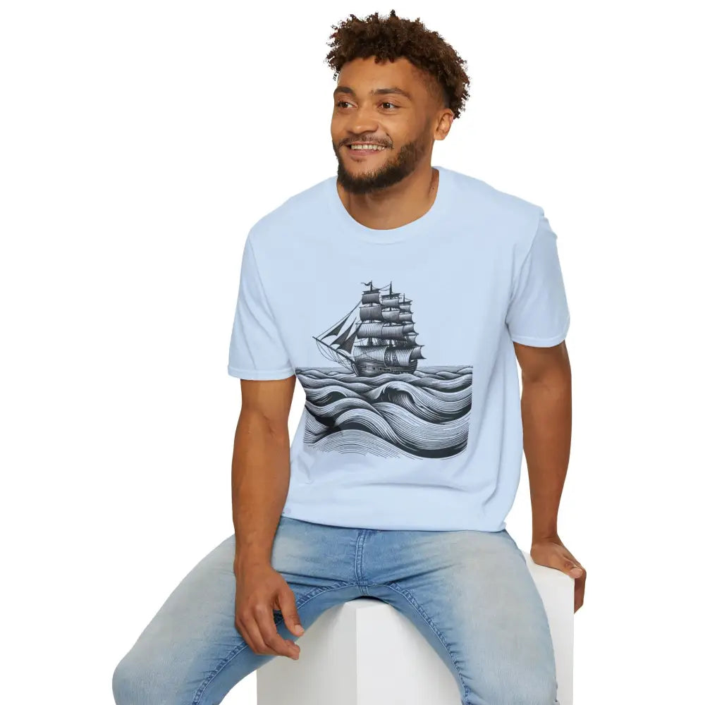 Light blue unisex t-shirt with tall ship illustration, elastic ribbed collar, reduces fabric waste