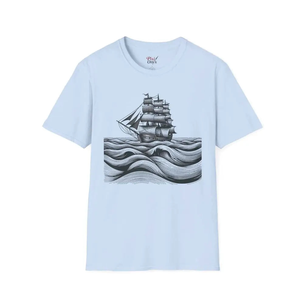 Light blue unisex t-shirt with ship and waves graphic, elastic ribbed collar, reduces fabric waste
