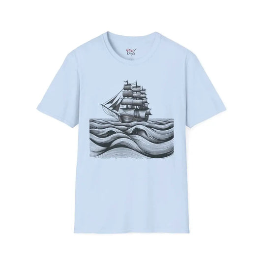 Light blue unisex t-shirt with ship and waves graphic, elastic ribbed collar, reduces fabric waste