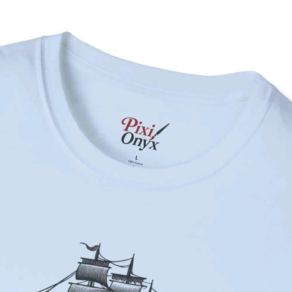 White unisex t-shirt with elastic ribbed collar, perfect for ocean lovers and reducing fabric waste