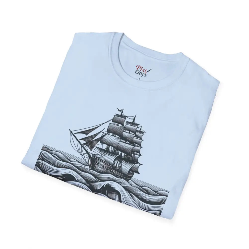 Light blue unisex t-shirt with ship graphic and elastic ribbed collar, eco-friendly design