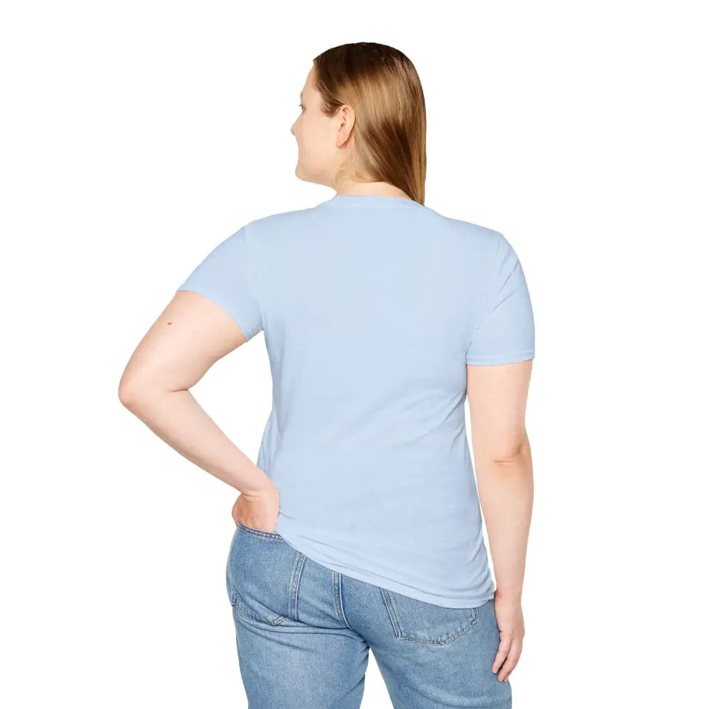 Woman in light blue unisex t-shirt with elastic ribbed collar, stylish ocean lovers tee