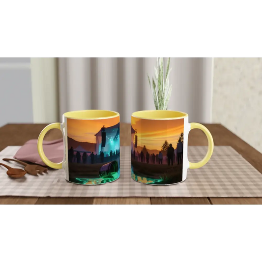 Yellow-handled mugs with spooky landscape designs from PixiOnyx Neon Spill Festival Mug