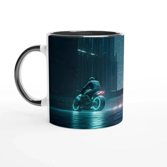 Two-tone Neon Velocity mug with futuristic motorcycle design from PixiOnyx product line
