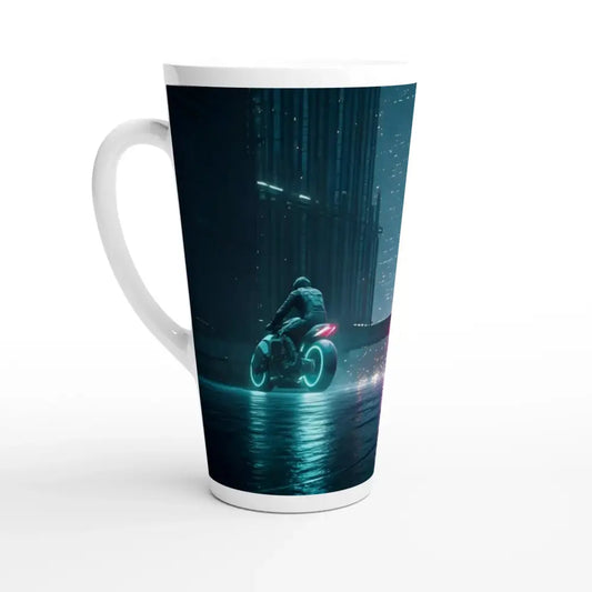 Neon Velocity 17oz Latte Mug with futuristic motorcycle design from PixiOnyx Sci-Fi Coffee Cup