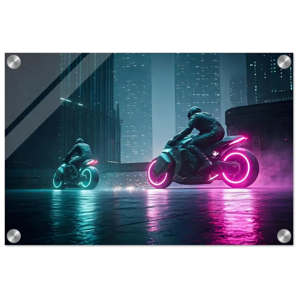 Futuristic neon motorcycles displayed on Neon Velocity Cyberpunk Showdown acrylic wall print
