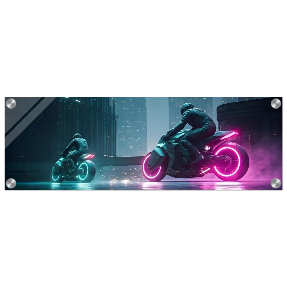 Futuristic neon motorcycles from Neon Velocity Cyberpunk Showdown acrylic wall art