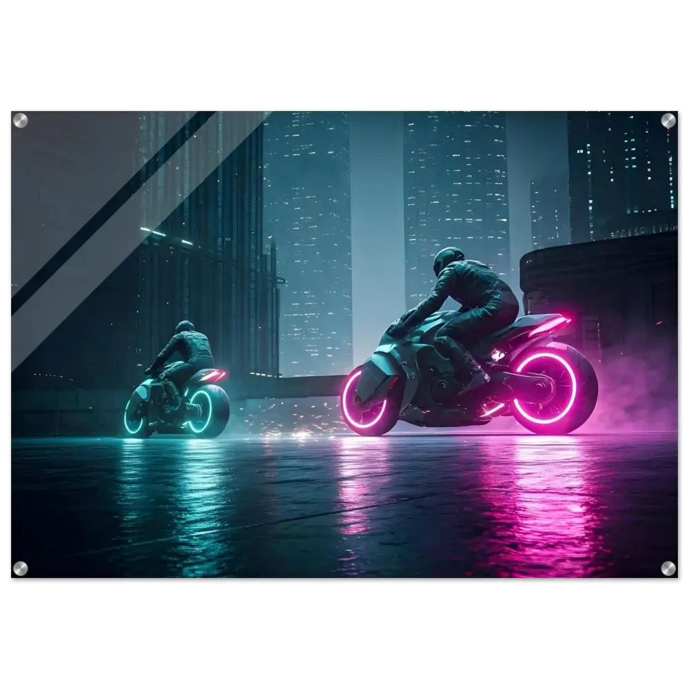 Futuristic neon-lit motorcycles from Neon Velocity Cyberpunk Showdown wall print