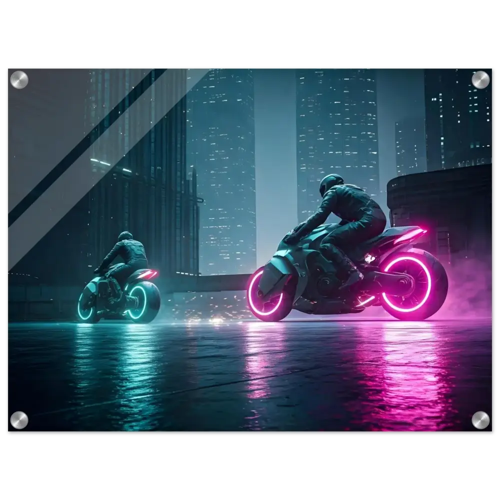 Futuristic neon motorcycles displayed as a high gloss acrylic wall print by PixiOnyx Sci-Fi