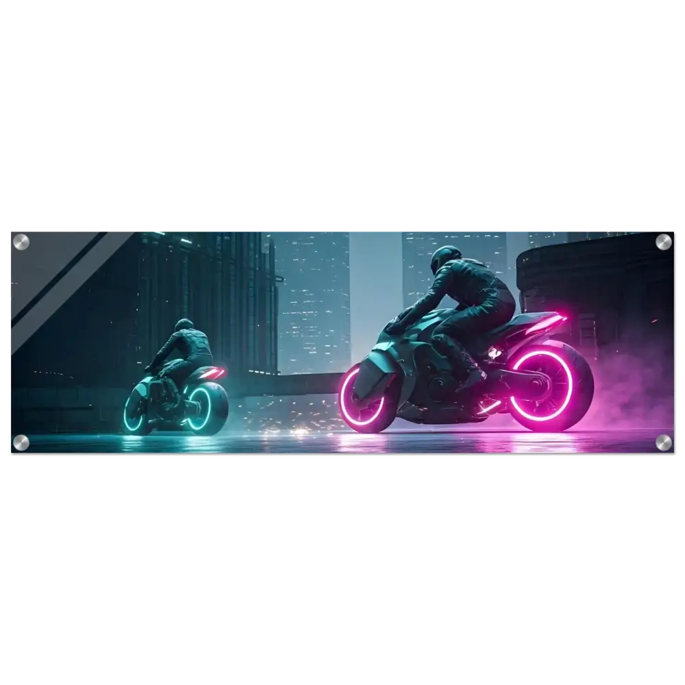 Futuristic neon-lit motorcycles from Neon Velocity Cyberpunk Showdown Acrylic Wall Print
