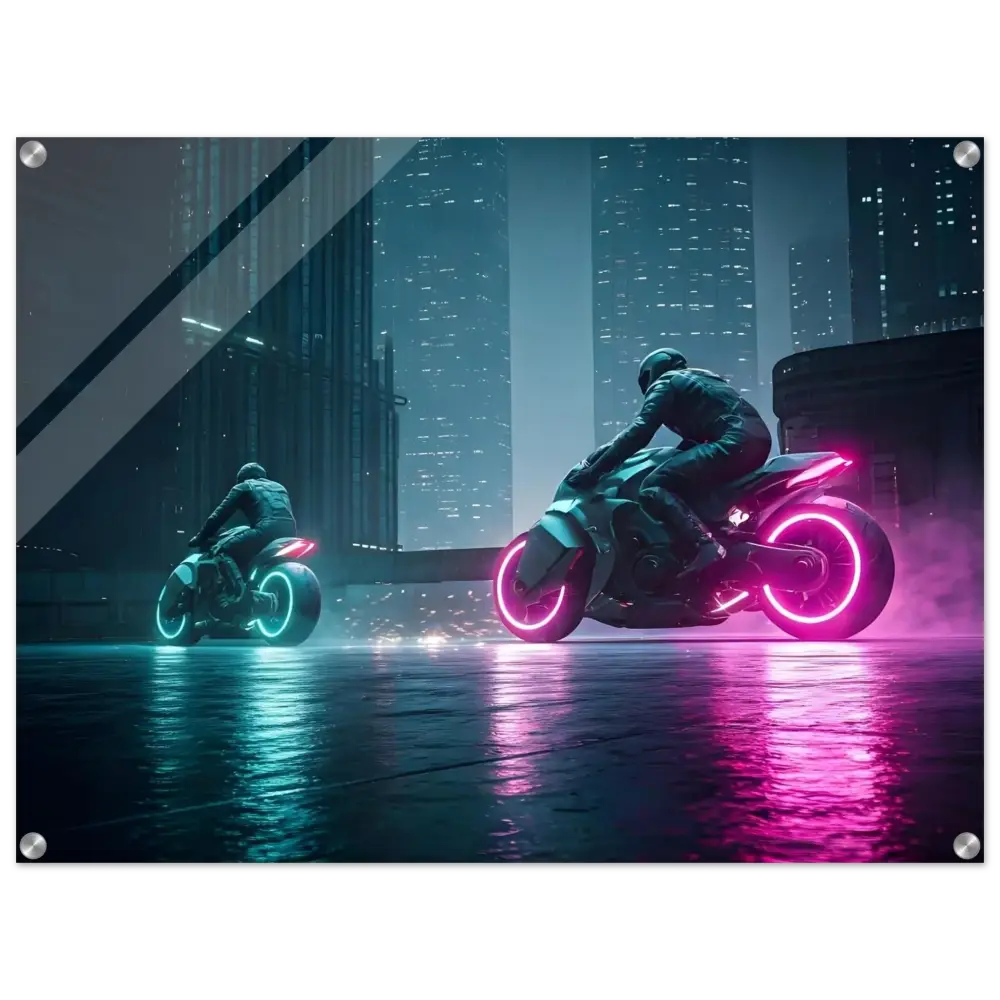 Cyberpunk motorcycle duo displayed on Neon Velocity Acrylic Wall Print by PixiOnyx