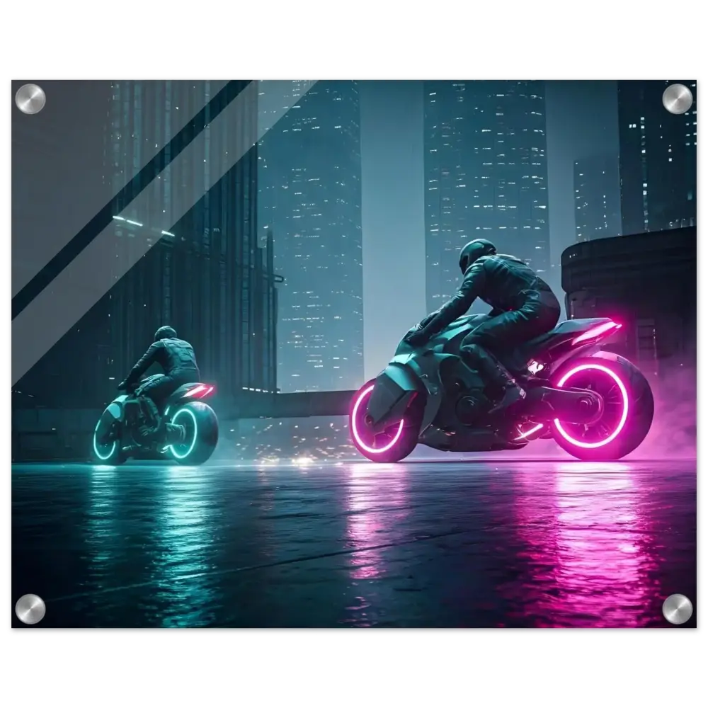 Futuristic neon motorcycles displayed in Neon Velocity Cyberpunk Showdown acrylic wall art