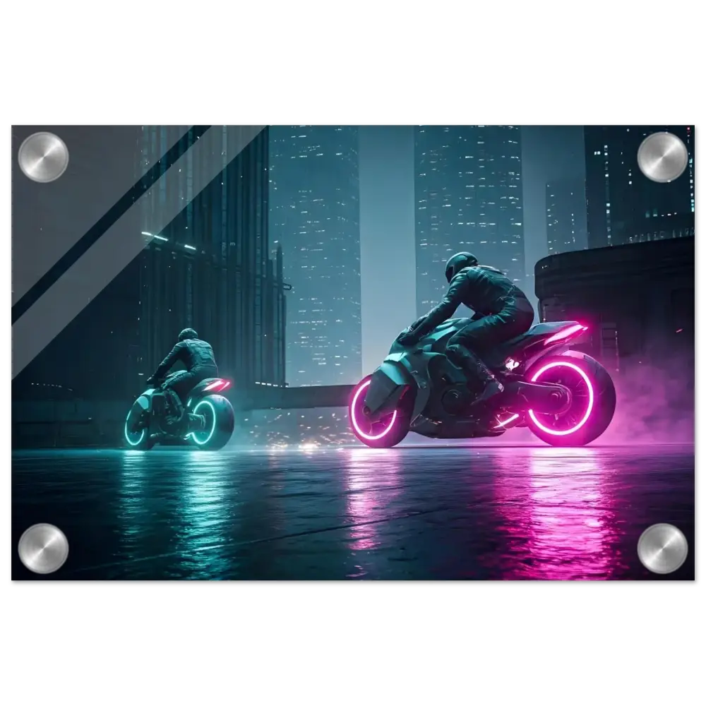 Futuristic neon motorcycles displayed as a Cyberpunk wall art print by PixiOnyx