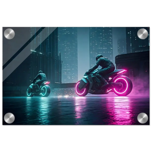 Futuristic neon motorcycles displayed as a Cyberpunk wall art print by PixiOnyx