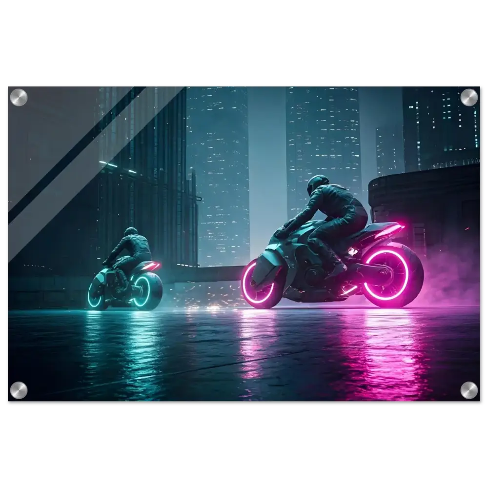 Futuristic neon motorcycles showcased in Neon Velocity Cyberpunk Showdown acrylic wall print