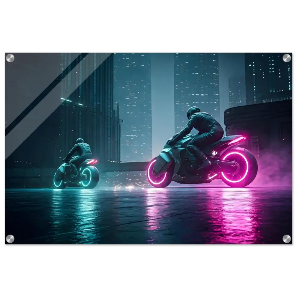 Futuristic neon motorcycles displayed on a high gloss acrylic wall print titled Neon Velocity