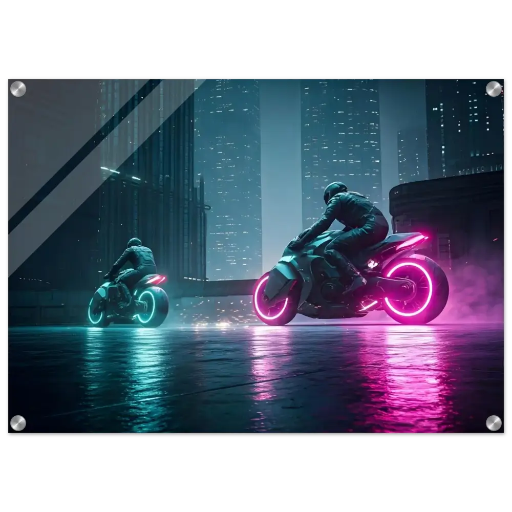 Futuristic neon motorcycles displayed on Acrylic Wall Print in Neon Velocity Cyberpunk Showdown