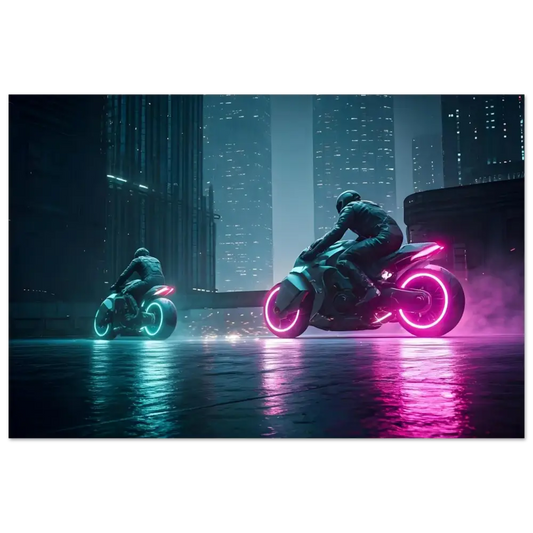 Futuristic neon motorcycles displayed as Aluminum Print in Neon Velocity Cyberpunk Showdown