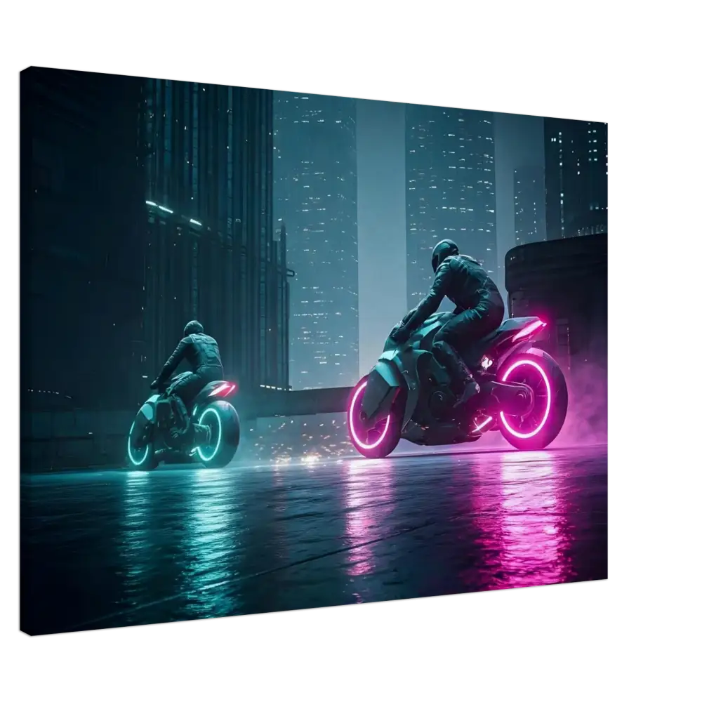 Futuristic neon motorcycles displayed in Neon Velocity Cyberpunk Showdown Canvas Wall Art