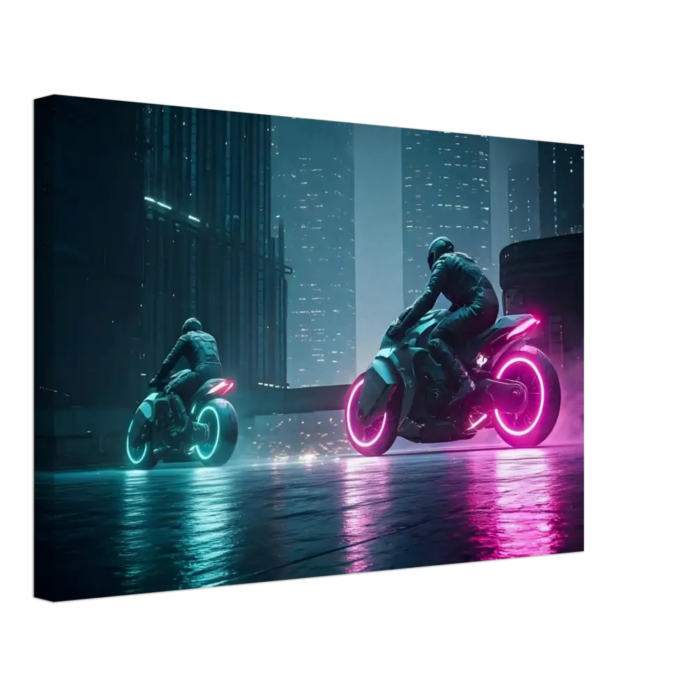 Futuristic motorcycles with neon wheels on Neo Velocity Cyberpunk Showdown Canvas Wall Art