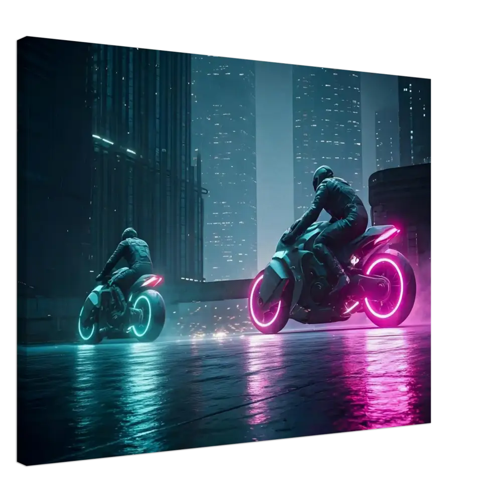 Futuristic neon motorcycles displayed as Canvas Wall Art in Neon Velocity Cyberpunk Showdown