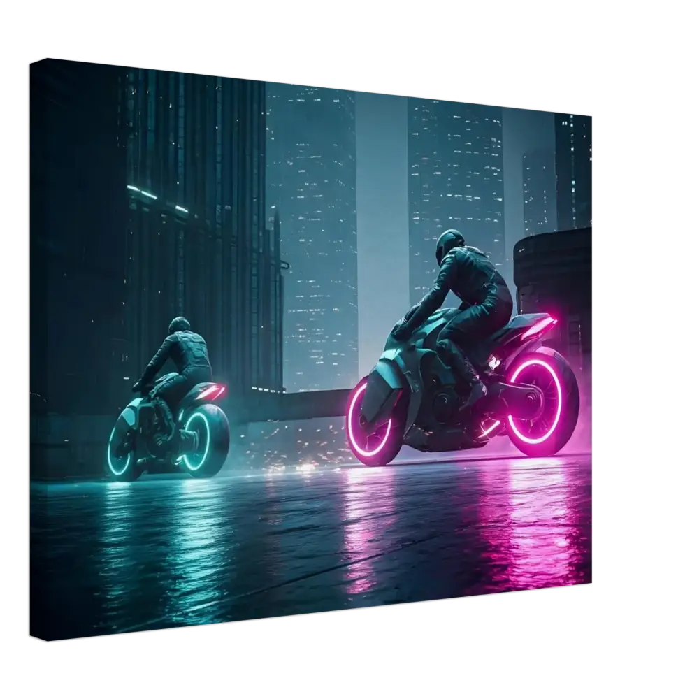 Futuristic neon motorcycles displayed in Neon Velocity Cyberpunk Showdown Canvas Wall Art