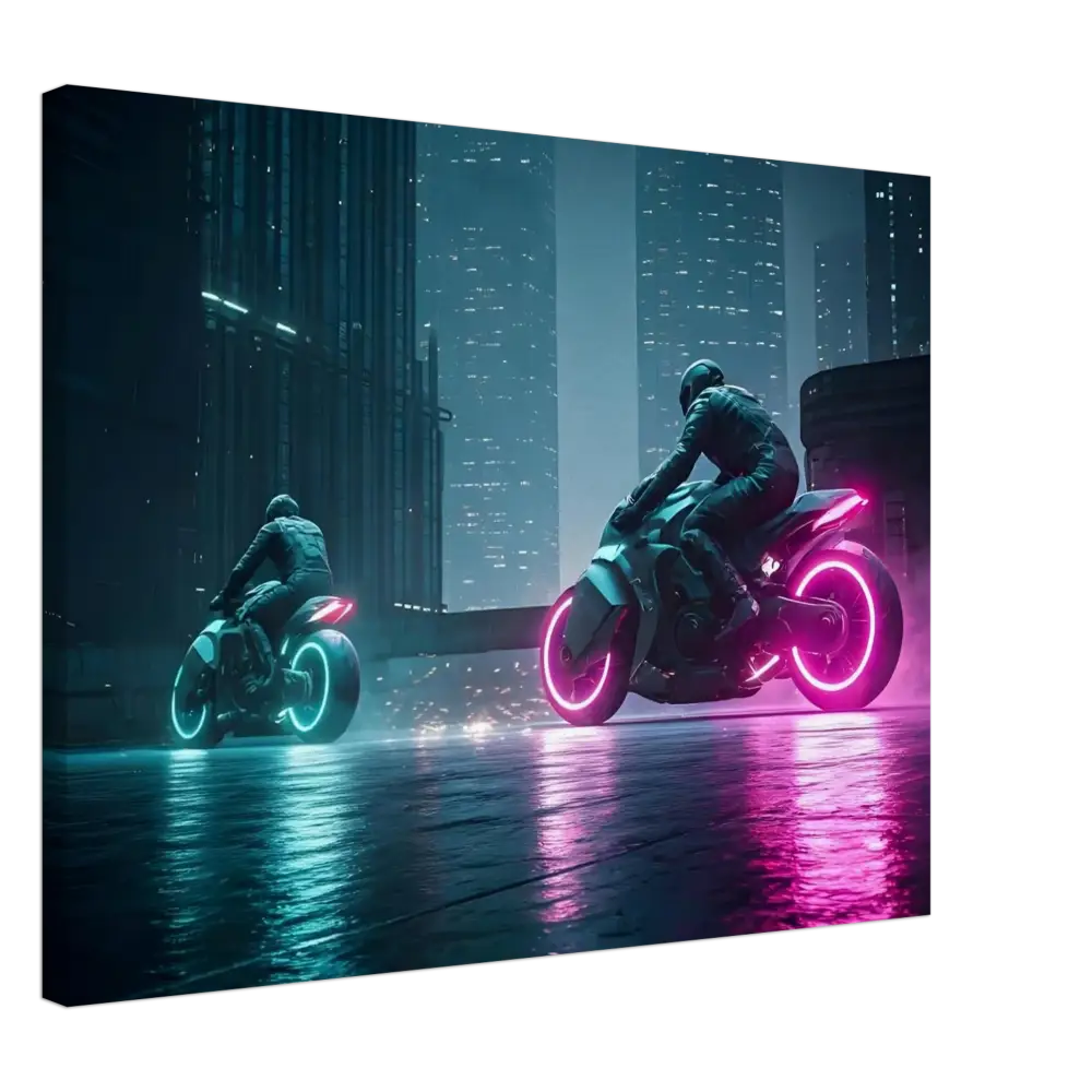 Futuristic motorcycles with glowing wheels in Neon Velocity Cyberpunk Showdown Canvas Wall Art