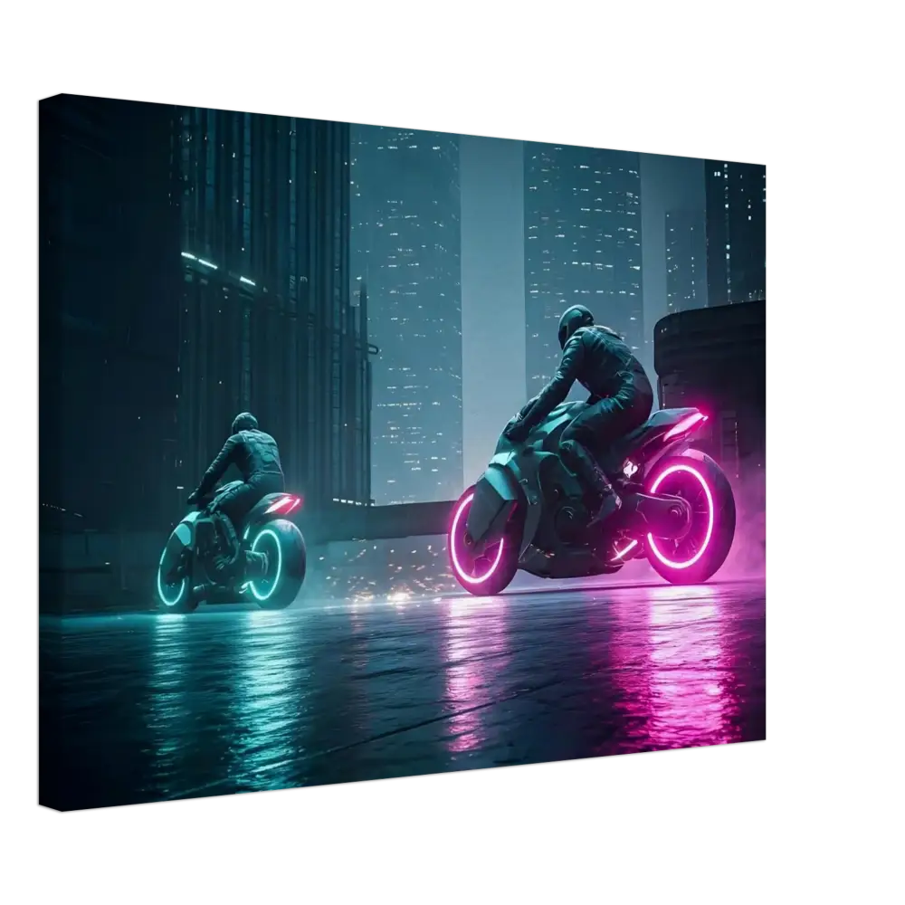 Futuristic neon motorcycles displayed as Cyberpunk Wall Art for Sci-Fi enthusiasts
