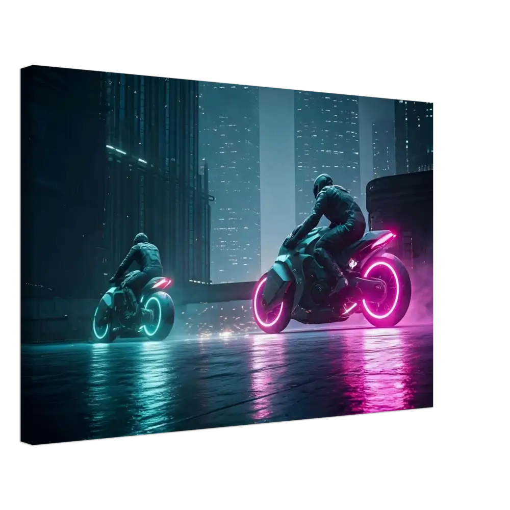 Neon-lit futuristic motorcycles displayed in Neon Velocity Cyberpunk Showdown Canvas Wall Art