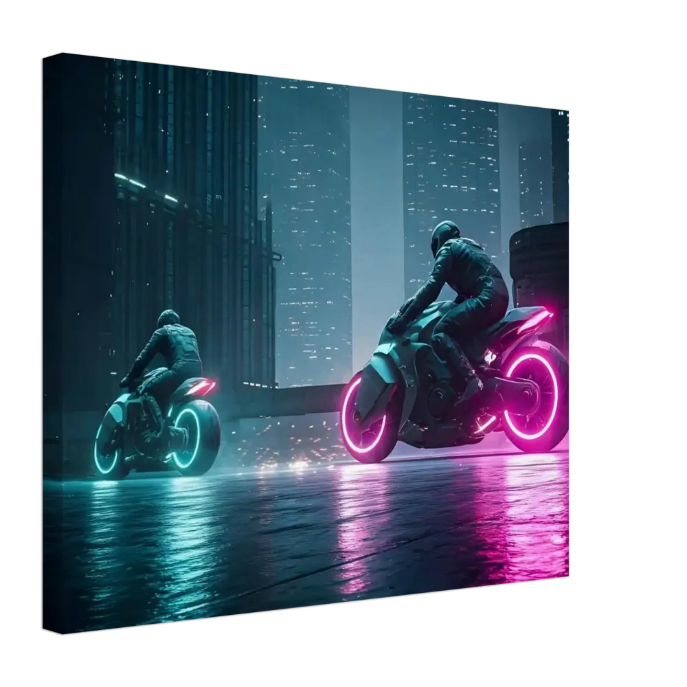 Futuristic motorcycles with neon wheels featured in Neon Velocity Cyberpunk Showdown Canvas Wall Art