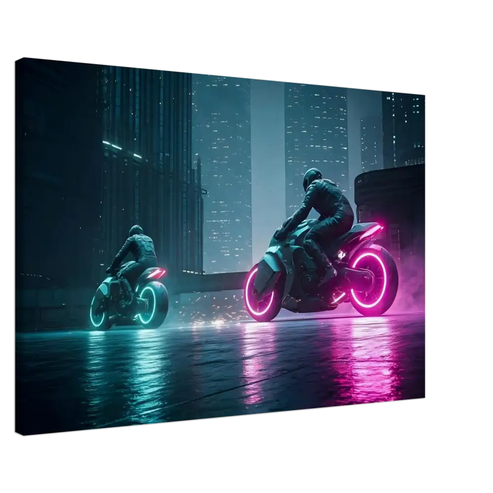 Futuristic neon motorcycles art for Neon Velocity Cyberpunk Showdown Canvas Wall Decor