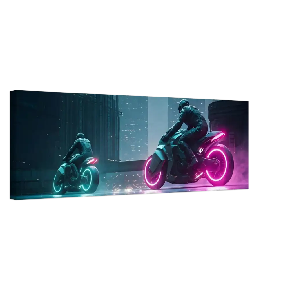 Futuristic neon motorcycles displayed on Cyberpunk Canvas Wall Art by PixiOnyx Sci-Fi Print