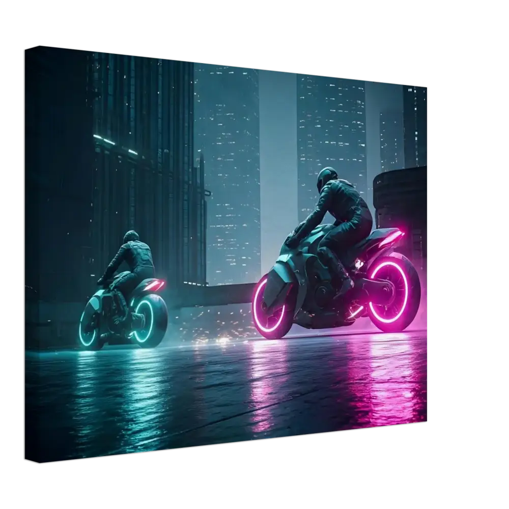 Futuristic neon motorcycles displayed on Canvas Wall Art Neon Velocity Cyberpunk Showdown