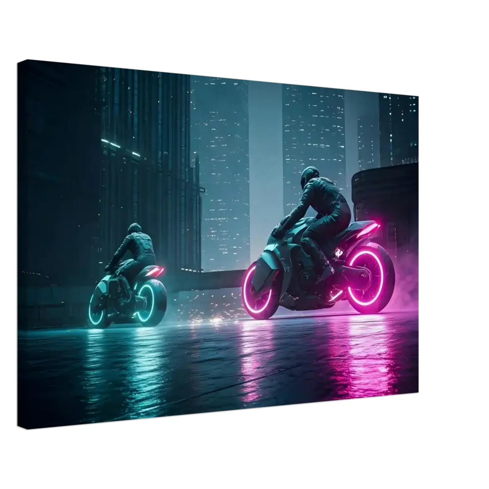 Futuristic neon motorcycles displayed as cyberpunk canvas wall art for Sci-Fi decor