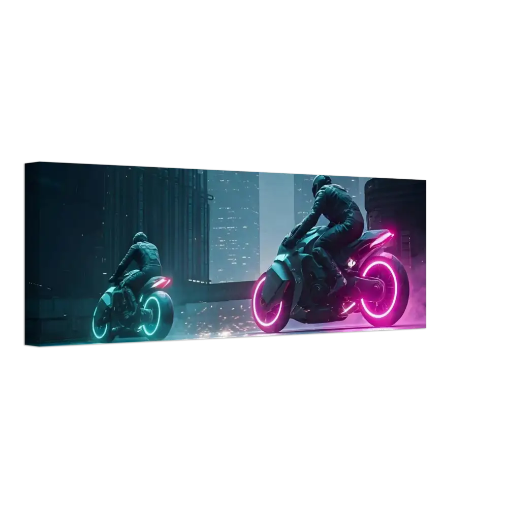 Futuristic neon motorcycles displayed in Neon Velocity Cyberpunk Showdown Canvas Wall Art
