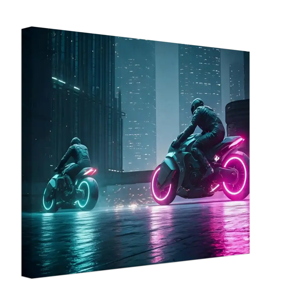 Futuristic neon motorcycles displayed on Neon Velocity Cyberpunk Showdown Canvas Wall Art
