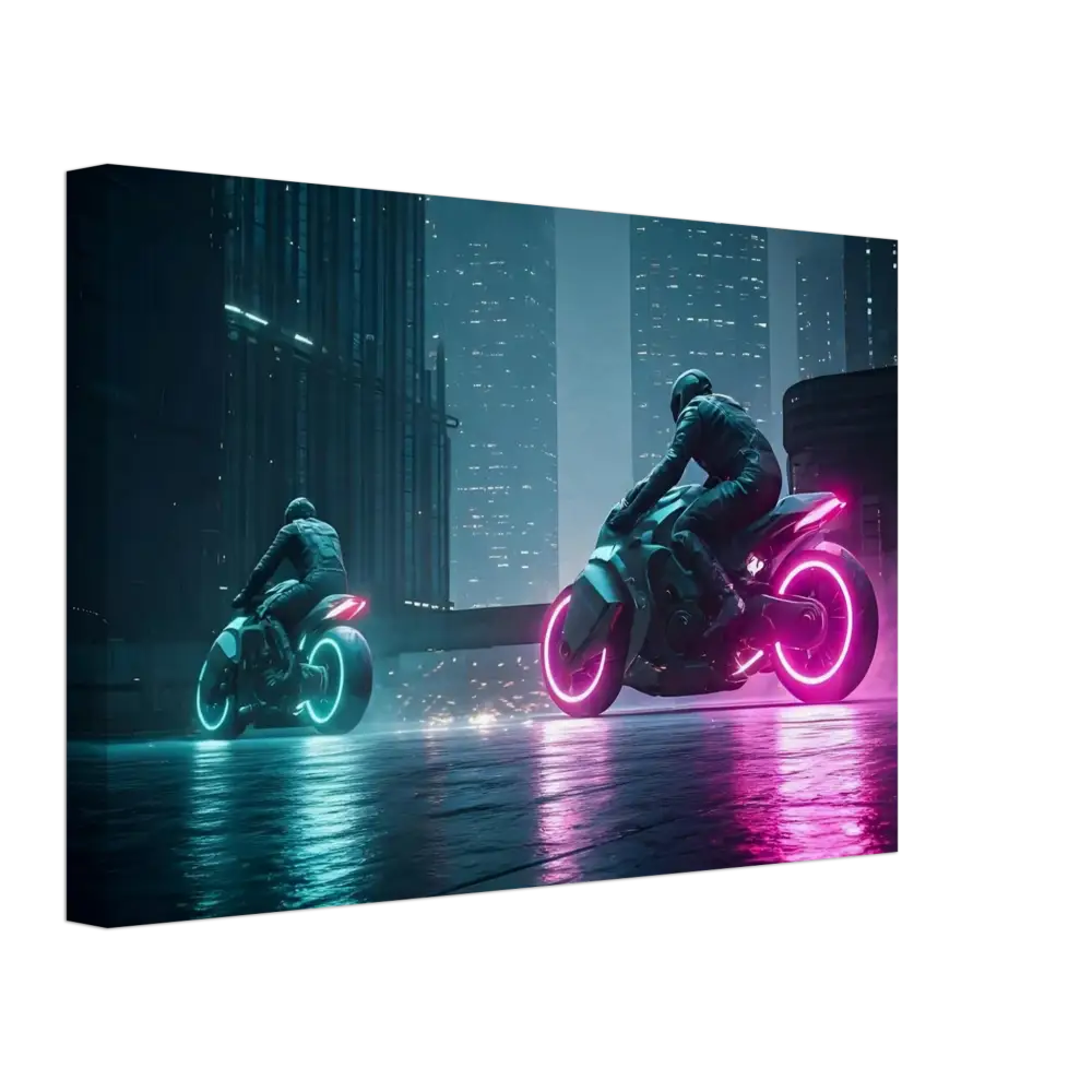 Futuristic neon motorcycles displayed on Neon Velocity Cyberpunk Showdown Canvas Wall Art