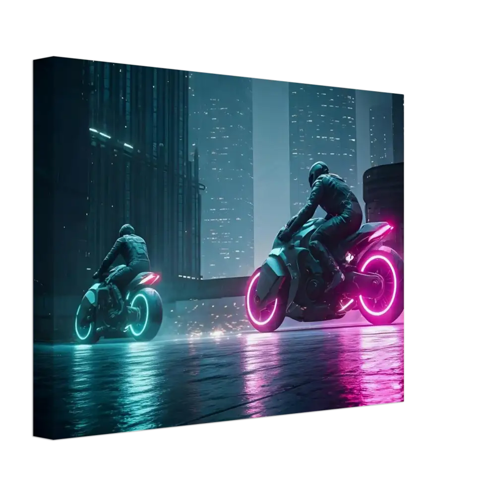 Futuristic neon-wheeled motorcycles displayed on Neon Velocity Cyberpunk Showdown Canvas Wall Art