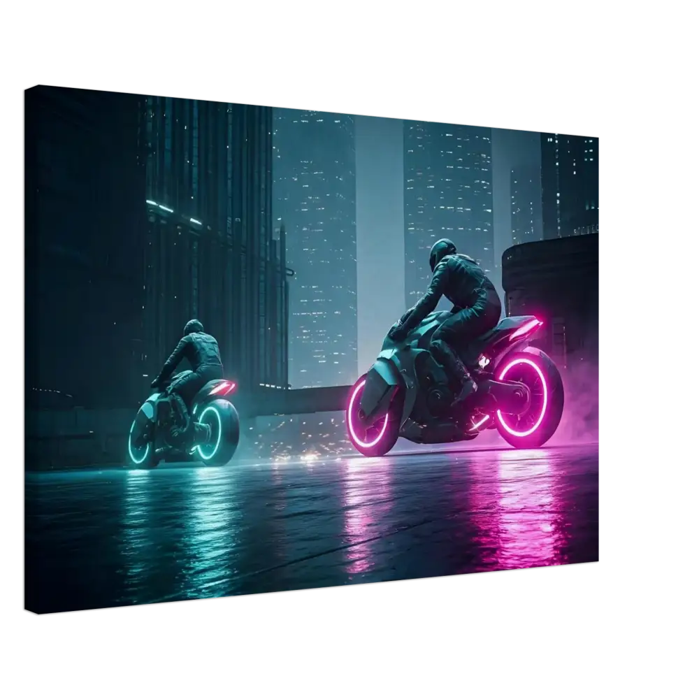 Futuristic neon motorcycles displayed in Neon Velocity Cyberpunk Showdown Canvas Wall Art